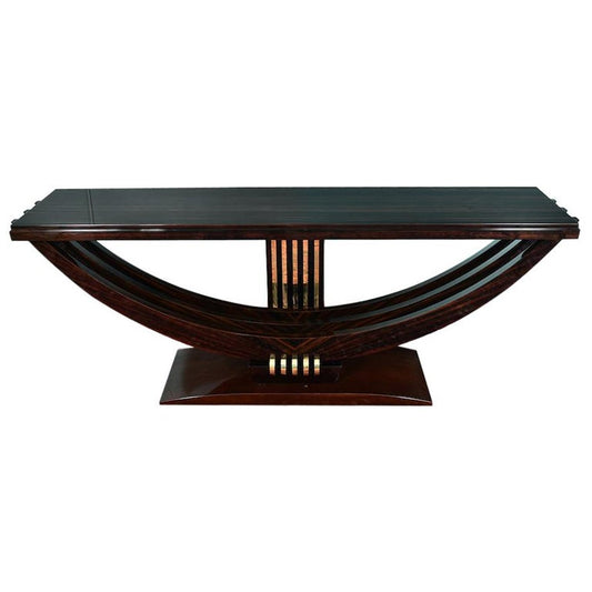 Grand Art Deco French Console in Macassar with Brass Elements
