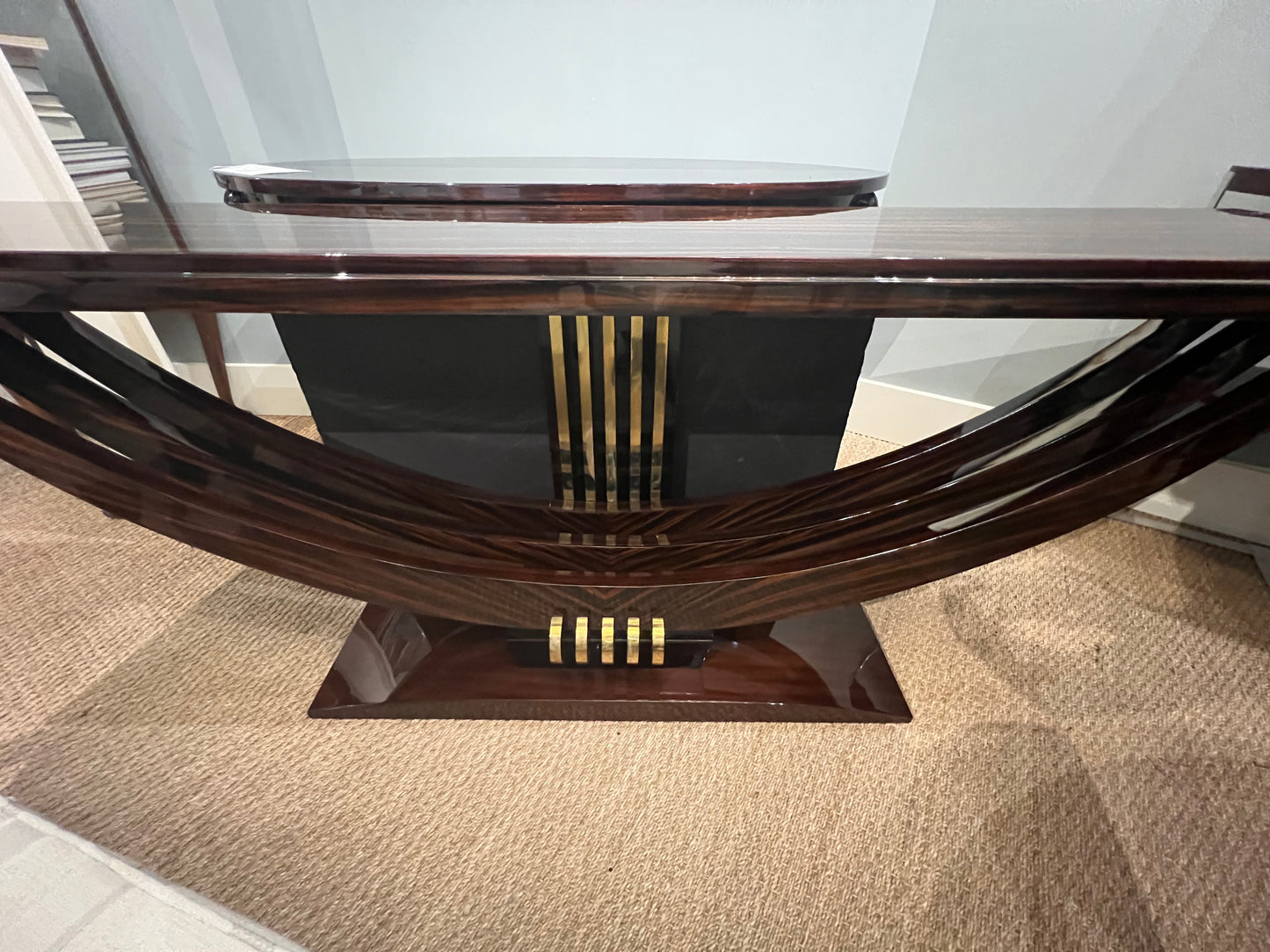 Grand Art Deco French Console in Macassar with Brass Elements