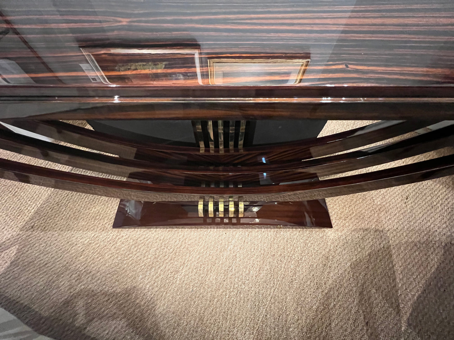 Grand Art Deco French Console in Macassar with Brass Elements