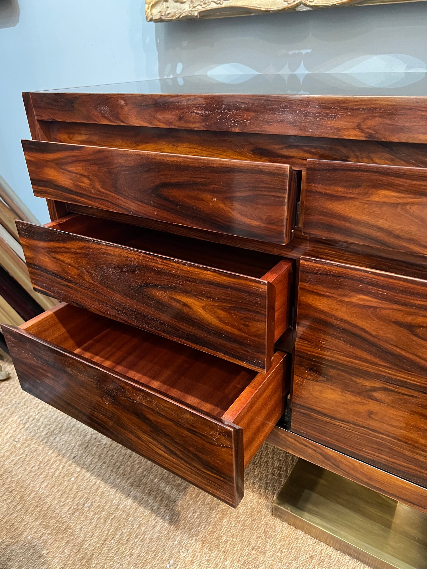 Mid-Century Italian Sideboard in Walnut with Brass Base, c. 1970s