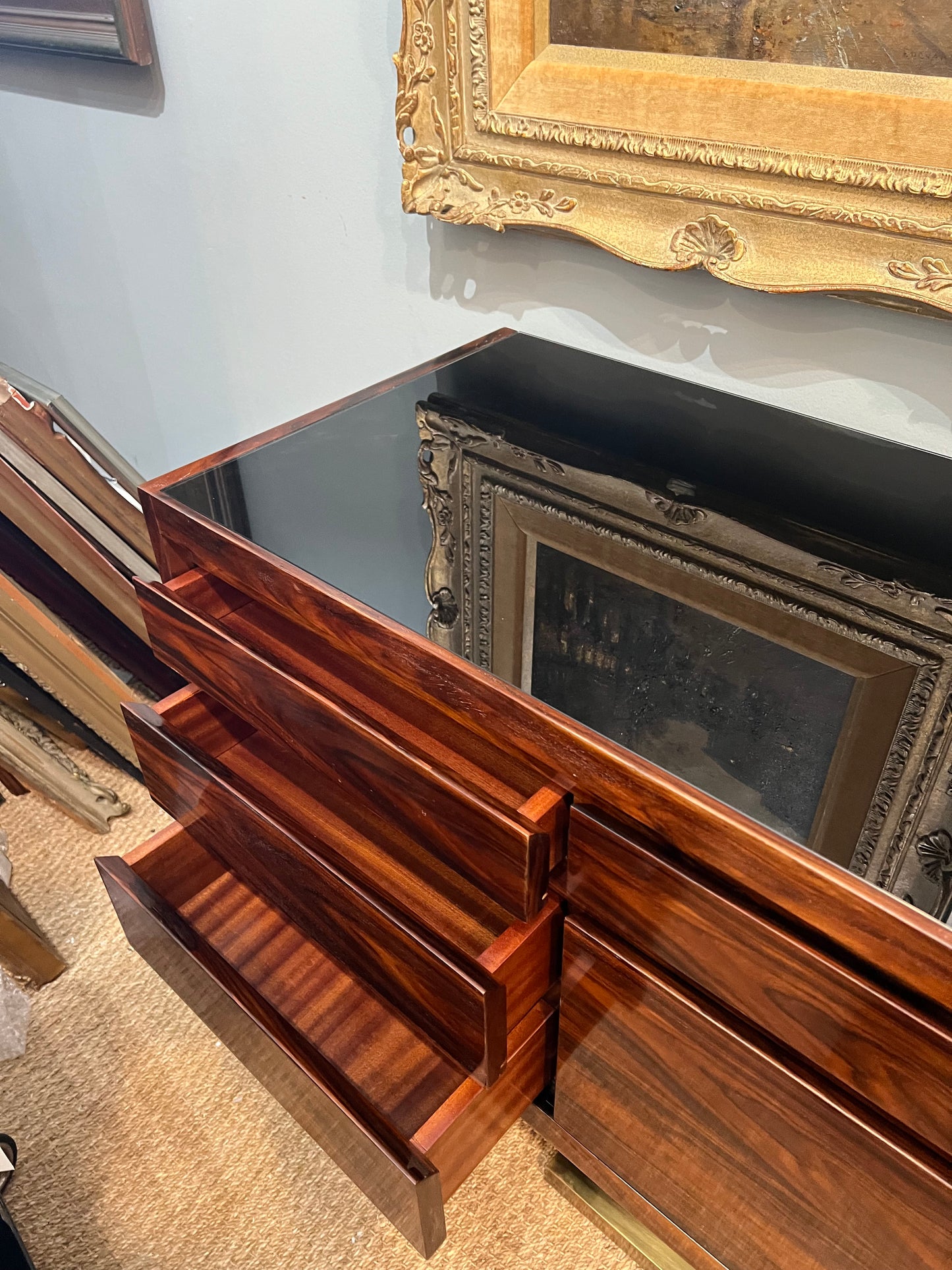 Mid-Century Italian Sideboard in Walnut with Brass Base, c. 1970s