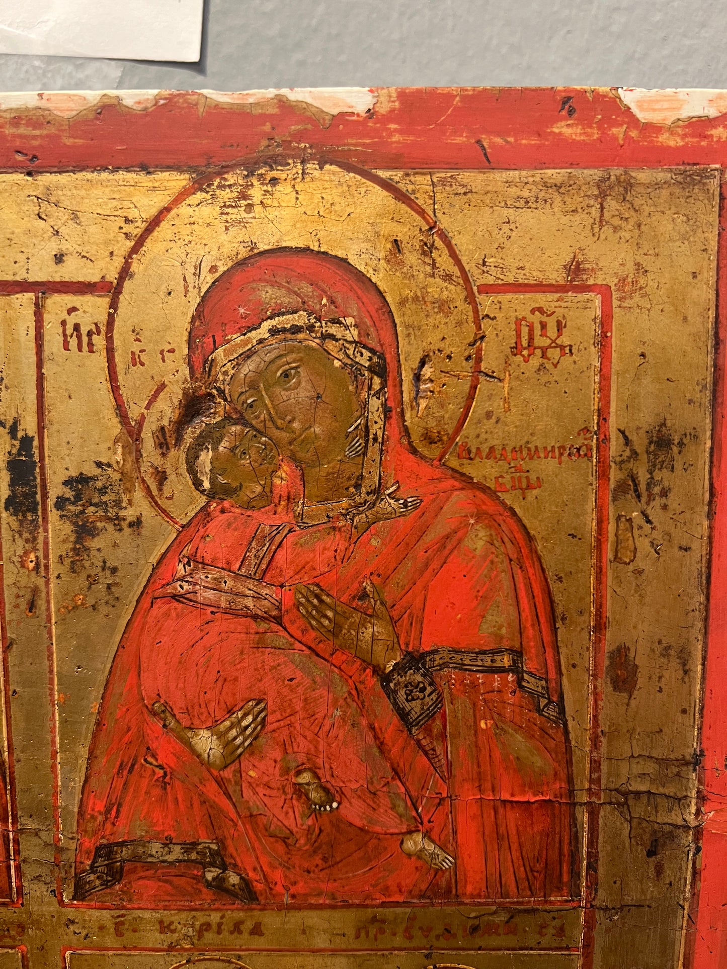 Russian Icon with Smolenskaya and Vladimirskaya Mother of God and 4 Saints