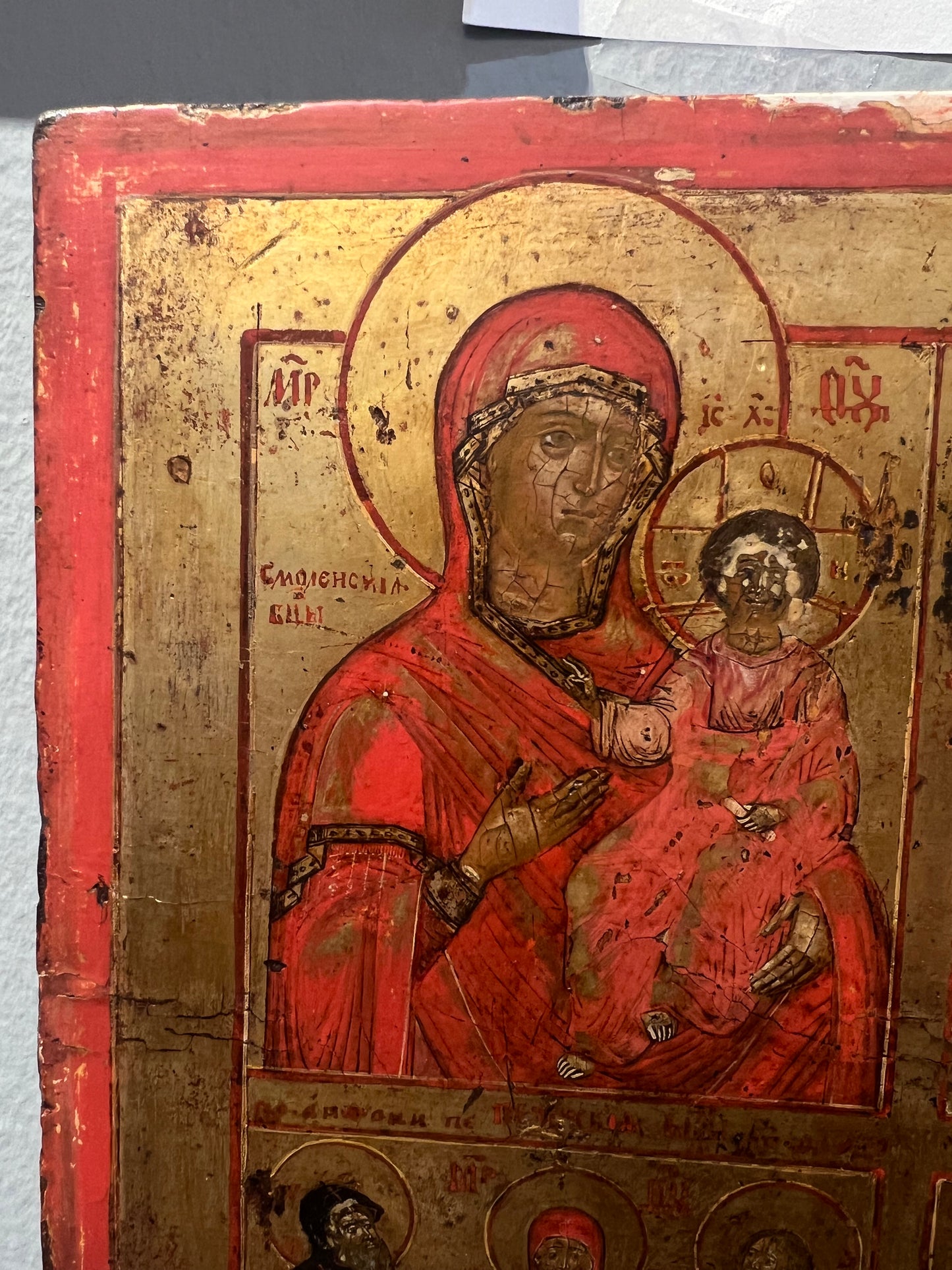 Russian Icon with Smolenskaya and Vladimirskaya Mother of God and 4 Saints