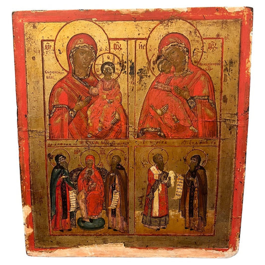 Russian Icon with Smolenskaya and Vladimirskaya Mother of God and 4 Saints
