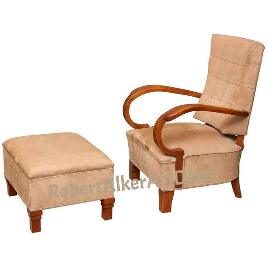 Austrian Mid-Century Chair and Foot Rest in Walnut